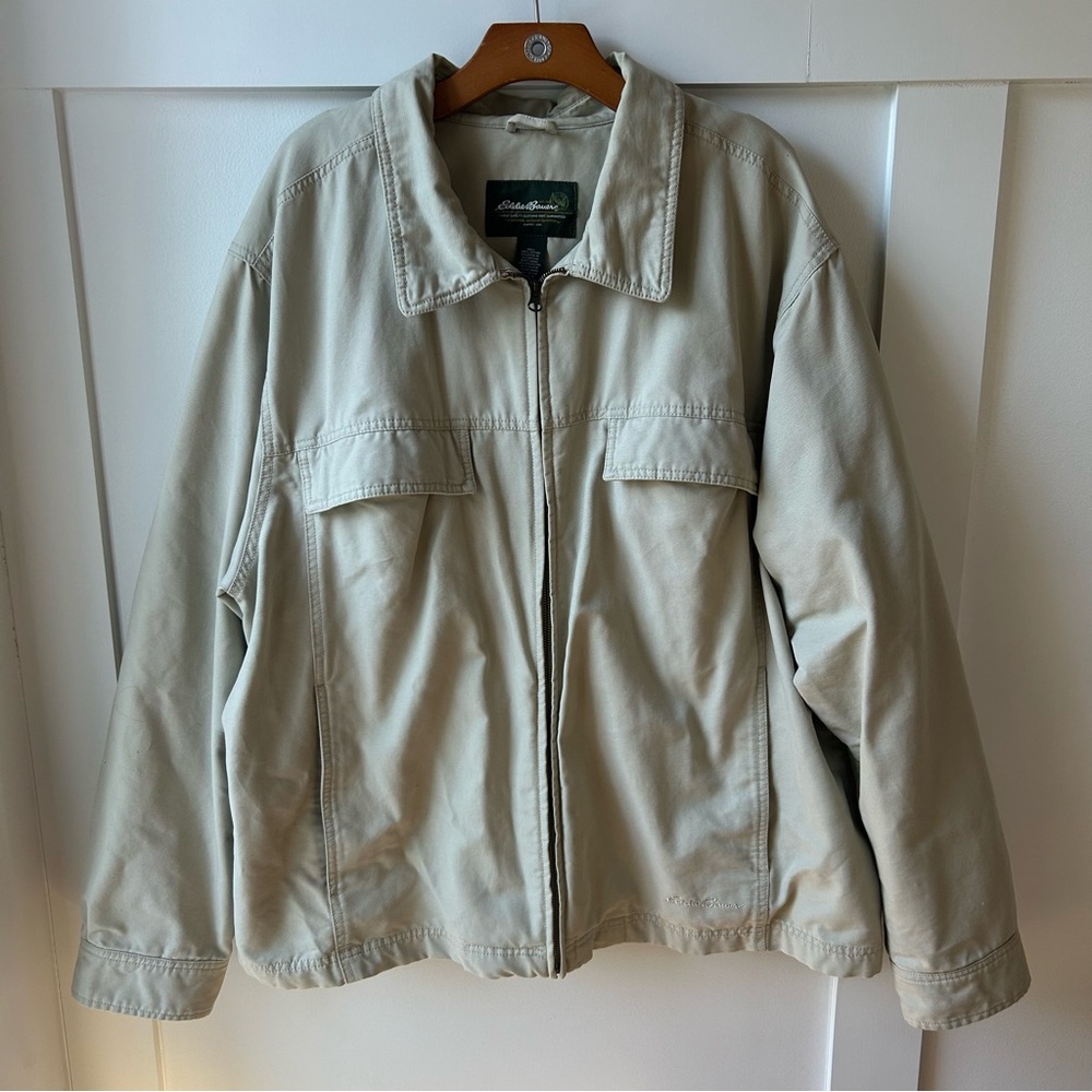 Eddie Bauer Men's Chore Coat Workwear Classic Utility Beige Pockets Zipper XXL